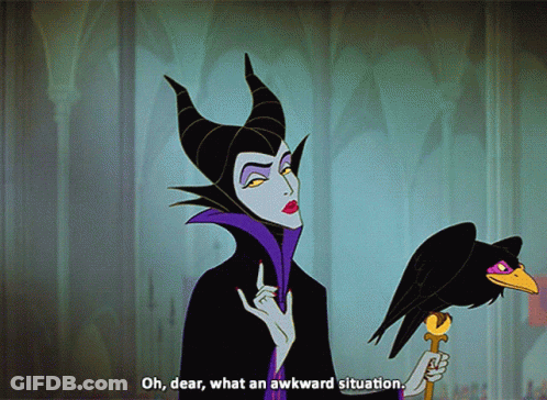 A Cartoon Of Maleficent Holding A Crow And Saying Oh Dear What An Awkward Situation GIF