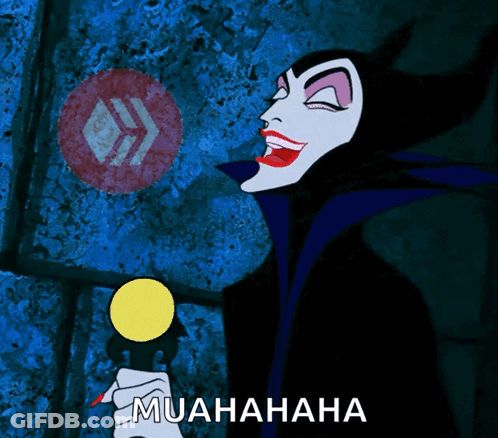 A Cartoon Of Maleficent Holding A Microphone With Muahaha Written Below It GIF
