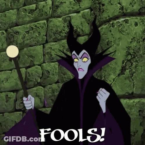 A Cartoon Of Maleficent Holding A Wand With The Words Fools Written On The Bottom GIF
