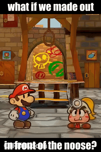 A Cartoon Of Mario And Goomba In Front Of A Building With The Words " What If We Made Out In Front Of The Noose " GIF