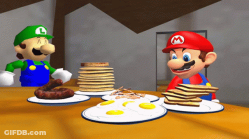 A Cartoon Of Mario And Luigi Eating Pancakes GIF