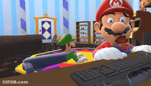 A Cartoon Of Mario And Luigi In A Room With A Keyboard GIF