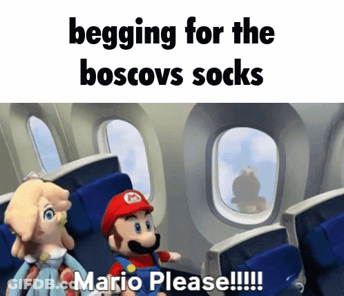 A Cartoon Of Mario And Rosalina On An Airplane With The Caption Begging For Boscovs Socks GIF