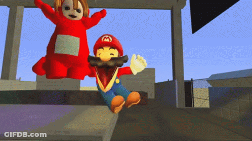 A Cartoon Of Mario And Teletubbies Is Being Displayed GIF