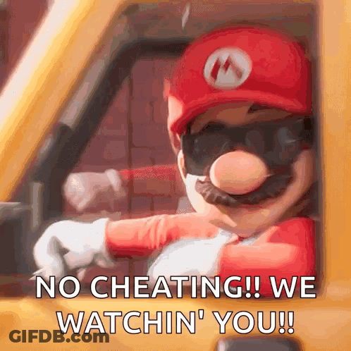 A Cartoon Of Mario Driving A Yellow Truck With The Words No Cheating ! We Watchin ' You ! GIF