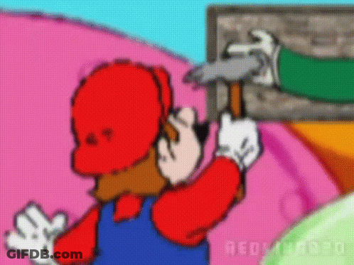 A Cartoon Of Mario Holding A Hammer And Talking On A Phone . GIF