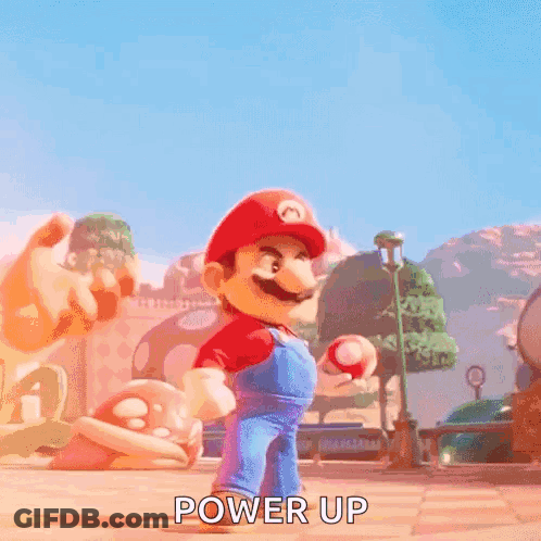 A Cartoon Of Mario Holding A Red Ball With The Words Power Up Above Him . GIF