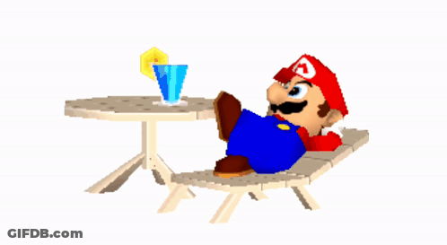 A Cartoon Of Mario Laying On A Chair Next To A Table With A Drink In It GIF