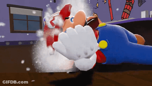 A Cartoon Of Mario Laying On The Floor With A Purple Background GIF