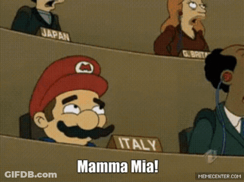 A Cartoon Of Mario Says Mamma Mia In Front Of A Sign That Says Italy GIF