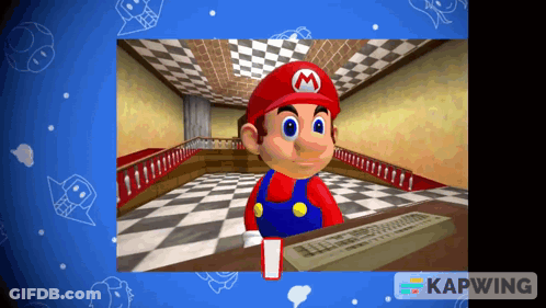 A Cartoon Of Mario Sitting At A Desk In A Room GIF