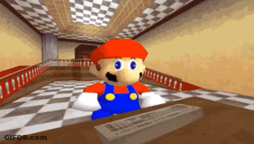 A Cartoon Of Mario Sitting At A Desk With A Newspaper On It GIF