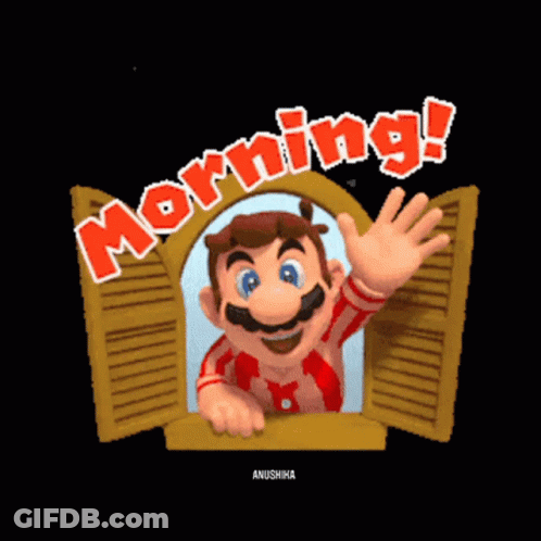 A Cartoon Of Mario Waving From An Open Window With The Words Morning Written Above Him GIF