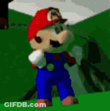 A Cartoon Of Mario Wearing Blue Overalls And A Red Hat Is Standing In A Field . GIF