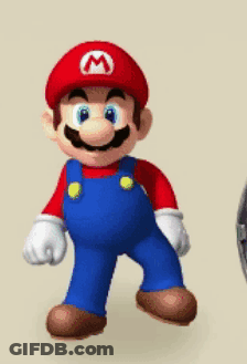 A Cartoon Of Mario Wearing Overalls And A Hat With The Letter M On It GIF