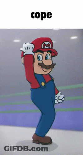 A Cartoon Of Mario Wearing Overalls And A Red Hat With The Word Cope Below Him GIF