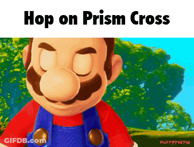 A Cartoon Of Mario With His Eyes Closed And The Words Hop On Prism Cross Below Him GIF
