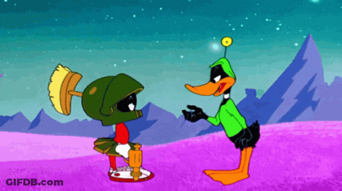 A Cartoon Of Marvin The Martian And Daffy Duck Talking GIF