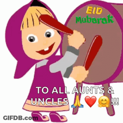 A Cartoon Of Masha Playing A Drum With The Words " To All Aunts & Uncles " GIF