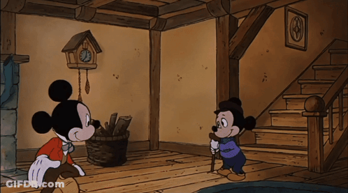 A Cartoon Of Mickey Mouse And A Boy In A Room With A Cuckoo Clock On The Wall GIF