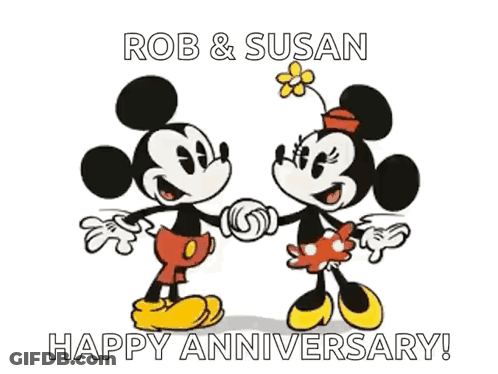 A Cartoon Of Mickey Mouse And Minnie Mouse Holding Hands And Kissing GIF