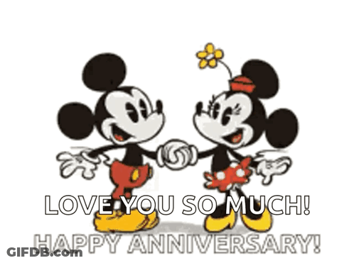 A Cartoon Of Mickey Mouse And Minnie Mouse Holding Hands And Kissing GIF