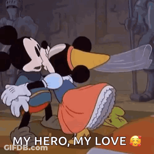 A Cartoon Of Mickey Mouse And Minnie Mouse Kissing With The Words `` My Hero , My Love '' . GIF