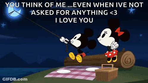 A Cartoon Of Mickey Mouse And Minnie Mouse On A Log GIF