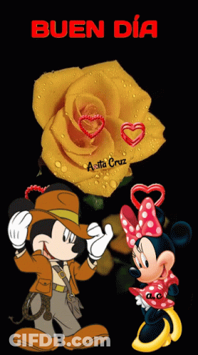 A Cartoon Of Mickey Mouse And Minnie Mouse With A Yellow Rose And The Words Buen Dia GIF
