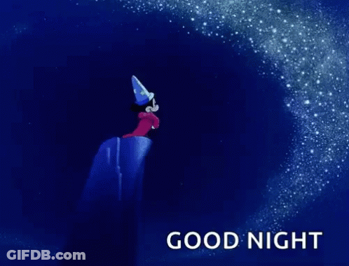 A Cartoon Of Mickey Mouse As A Wizard With The Words Good Night Below Him . GIF