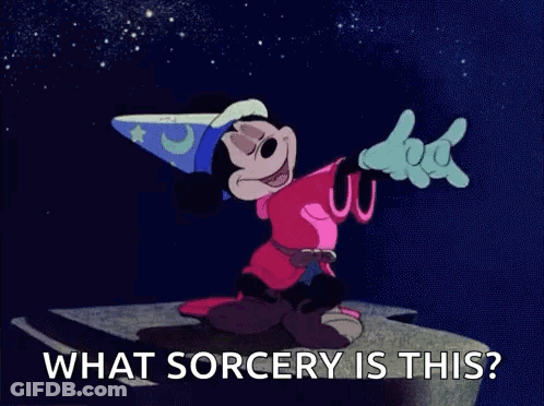 A Cartoon Of Mickey Mouse As A Wizard With The Words `` What Sorcery Is This ? '' GIF