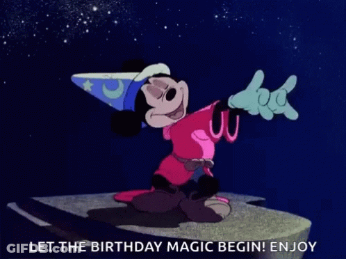 A Cartoon Of Mickey Mouse Dressed As A Wizard With The Words Let The Birthday Magic Begin GIF