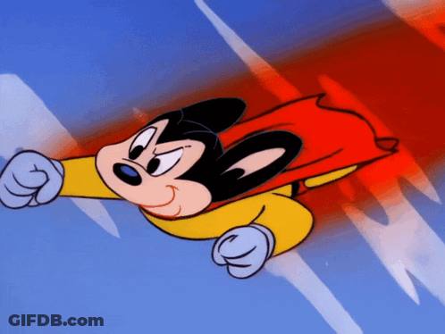 A Cartoon Of Mickey Mouse Flying Through The Air With A Red Cape GIF