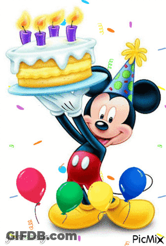 A Cartoon Of Mickey Mouse Holding A Birthday Cake With Candles GIF