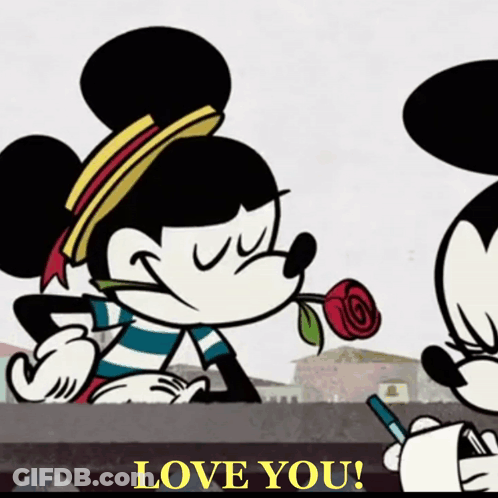 A Cartoon Of Mickey Mouse Holding A Red Rose With The Words Love You Below Him GIF