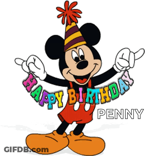 A Cartoon Of Mickey Mouse Holding Up A Banner That Says Happy Birthday Penny GIF