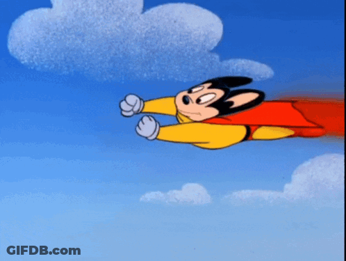 A Cartoon Of Mickey Mouse In A Superhero Costume Is Flying Through The Air GIF