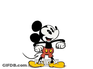 A Cartoon Of Mickey Mouse Jumping In The Air With His Fist In The Air And The Words Party . GIF