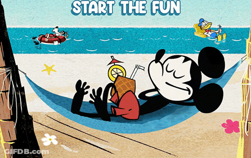 A Cartoon Of Mickey Mouse Laying In A Hammock On The Beach With The Words Start The Fun Above Him GIF