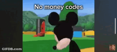 A Cartoon Of Mickey Mouse Standing In A Field With The Words `` No Money Codes '' Below Him . GIF