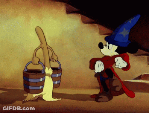 A Cartoon Of Mickey Mouse Standing Next To A Bucket And A Broom GIF