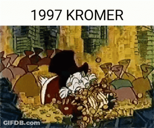 A Cartoon Of Mickey Mouse Surrounded By Bags Of Money With The Year 1997 Written On The Bottom . GIF