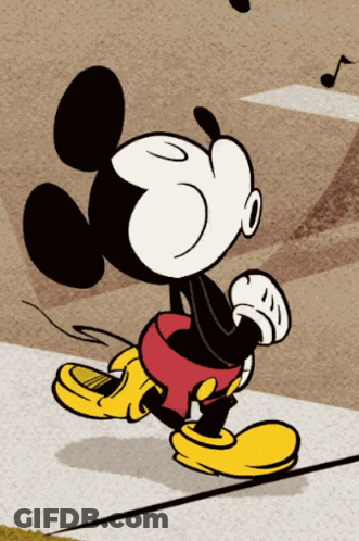 A Cartoon Of Mickey Mouse Walking Down The Street GIF