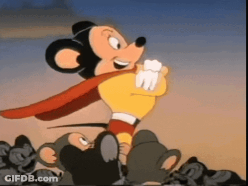 A Cartoon Of Mickey Mouse Wearing A Cape Surrounded By Mice GIF