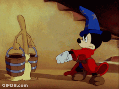 A Cartoon Of Mickey Mouse Wearing A Wizard Hat And Holding A Bucket GIF