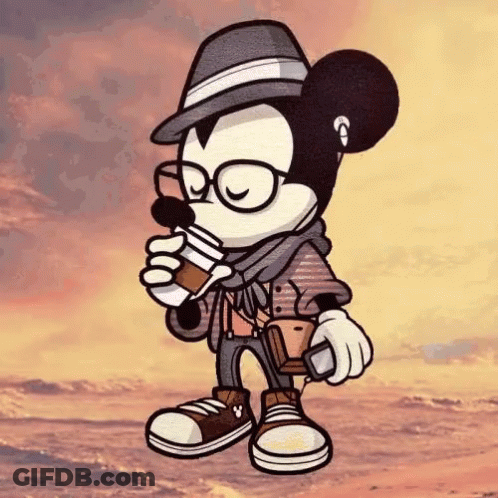 A Cartoon Of Mickey Mouse Wearing Glasses And A Hat Drinking From A Cup GIF