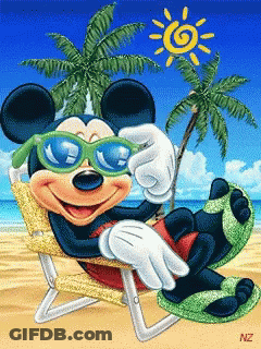 A Cartoon Of Mickey Mouse Wearing Sunglasses And Slippers On The Beach GIF
