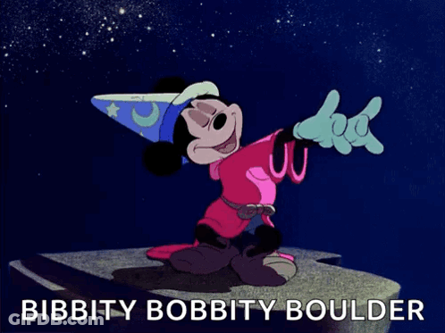 A Cartoon Of Mickey Mouse With The Words Bibbity Bobbity Boulder Underneath Him GIF