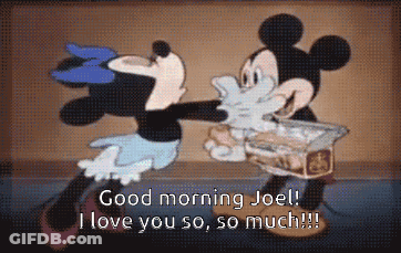 A Cartoon Of Minnie Mouse And Mickey Mouse Saying Good Morning Joel GIF