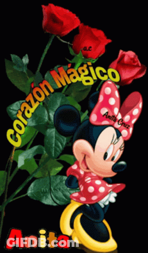 A Cartoon Of Minnie Mouse Holding A Bouquet Of Red Roses With The Words Corazon Magico Above Her GIF